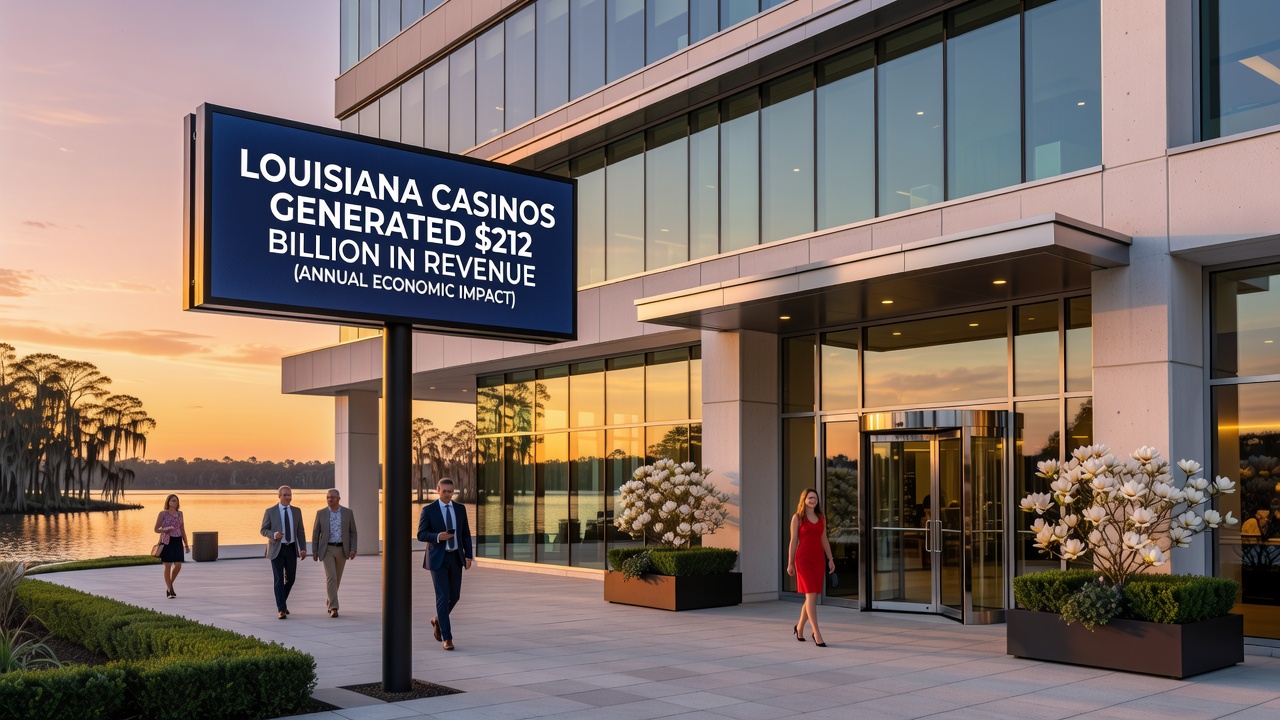 Sports betting lounge inside a Louisiana casino with digital screens displaying odds