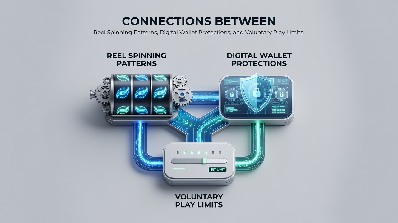 Mobile screen showing integrated view of spinning reels, wallet security indicators, and active voluntary play limit progress bars